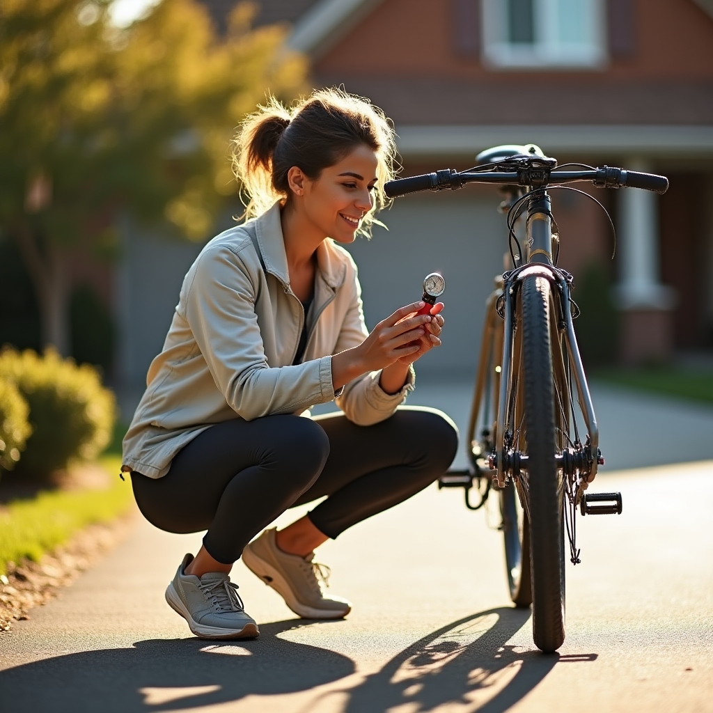 Cyclist checking their bicycle tire pressure at home before a ride