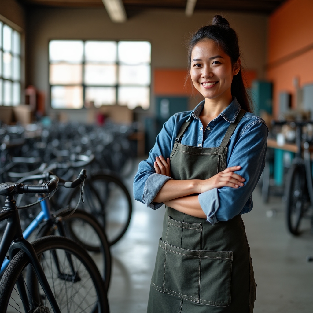 Bicycle mechanic standing in the workshop next to a row of repair stands
