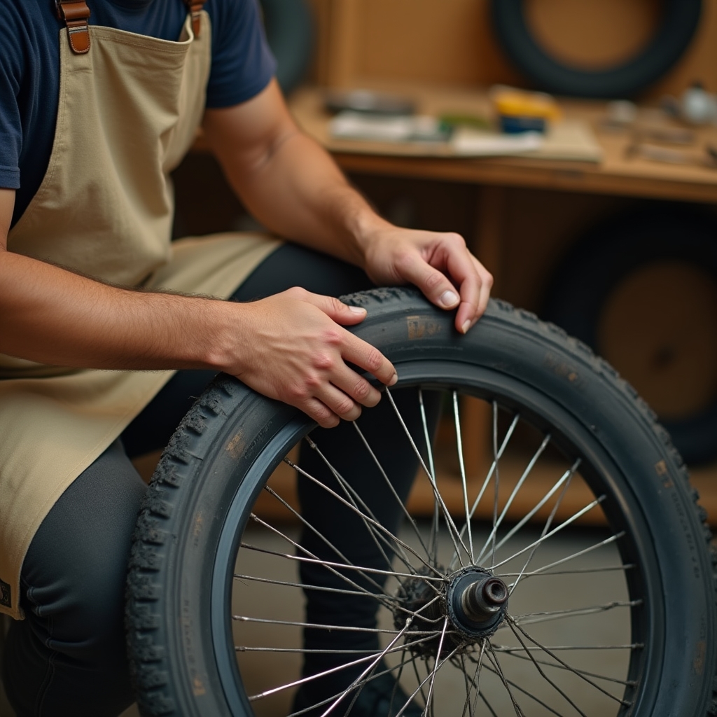 Hands replacing an inner tube on a bicycle tire during a repair
